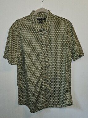 Michael Kors Short Sleeve Button Up Slim Fit Green White Logo Cotton Blend XL
